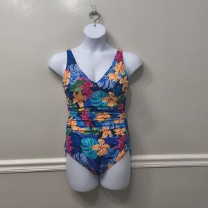 Miraclesuit x Talbots One Piece Swimsuit Tropical Floral Print Multicolor Sz 12